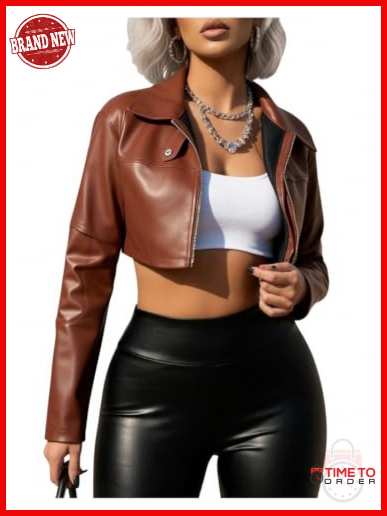 Women's Pu Leather Cropped Motorcycle Jacket Y2k Zip Up Collared Streetwear